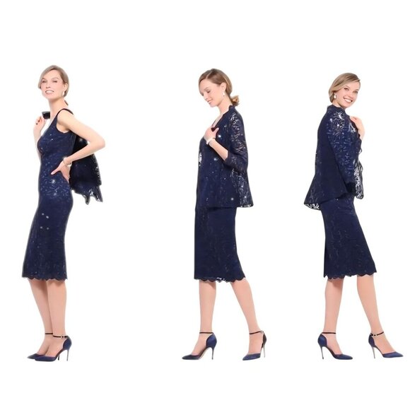 Alex Evenings Sequined Lace Sheath Dress Jacket Navy Midi Mother Of Size 12 - Picture 7 of 9